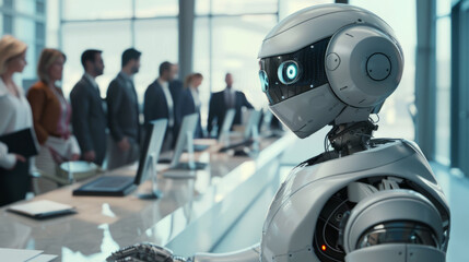 robot interacts with a group of people in a professional setting, a business conference or meeting focused on technology integration. collaborative environment between humans and advanced robotics