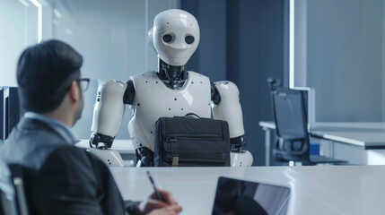 robot interacts with a group of people in a professional setting, a business conference or meeting focused on technology integration. collaborative environment between humans and advanced robotics