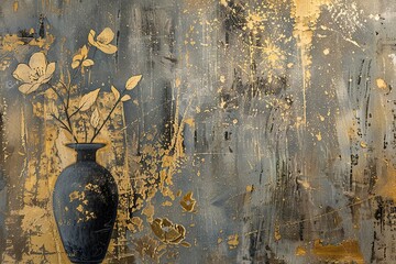 contemporary gold painting of modern conceptual figurative vase of flower. The texture of the oriental style of gray and gold canvas with an modern conceptual pattern. artist canvas art collection