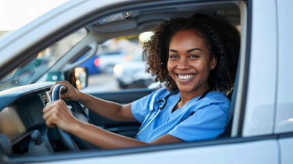 young african american woman with a joyful expression leans out of a car window, basking in the sunlight. blue medical uniform, a healthcare professional. The background shows a parking 