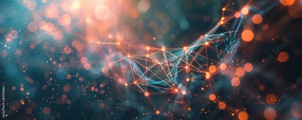 Poster abstract colorful background with glowing particles and bokeh lights.