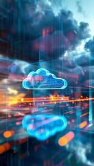 Abstract cloud computing concept with glowing digital data streams and city lights.