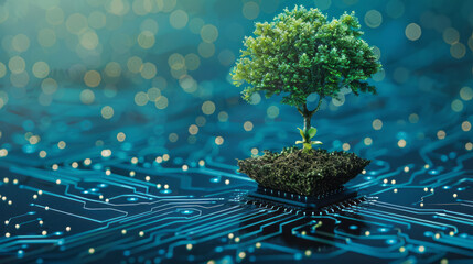 digital artwork depicting a green tree growing out of a circuit board, the intersection of nature and technology. The tree is detailed and vibrant, contrasting with the intricate electronic background