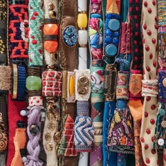 Fototapeta premium Close-up of an eclectic display of fabric and bead jewelry, showcasing various textures, colors, and intricate designs.
