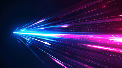 A digital 3D illustration featuring neon blue and pink arrows moving at high speed against a dark background. The dynamic and futuristic composition evokes a sense of motion and modern technology