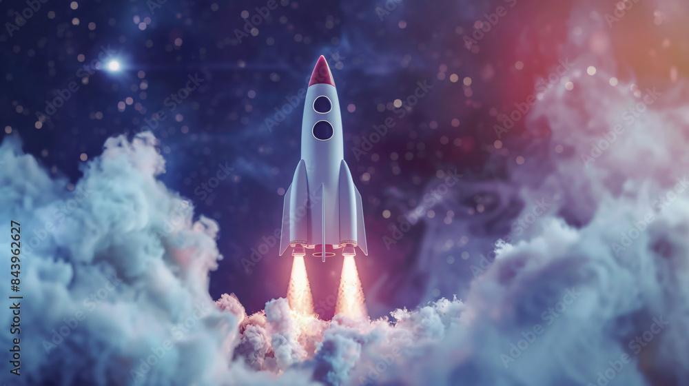 Poster illustration of a space rocket ascending amidst clouds with a cosmic backdrop