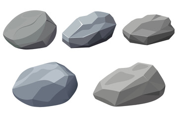 Naklejka premium Rock stone set cartoon. Cobble stone game objects. Three dimensional stones and rocks element, isometric 3d flat style. Mountain grey stones. Vector grey rock stone, isolated on white background. 
