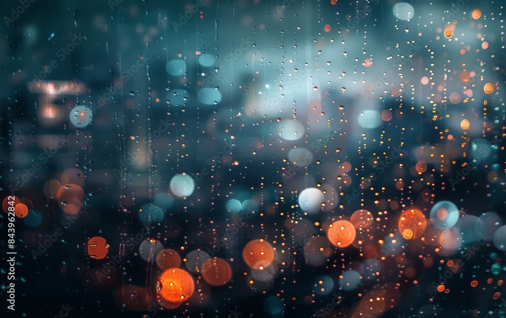Poster abstract rain drops on window with city lights bokeh in the background. photographic background for 