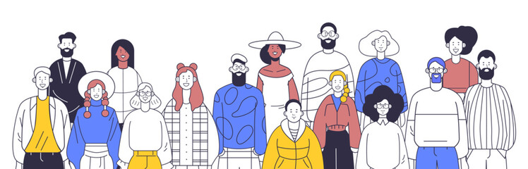 Diverse group of people various ages and styles standing together colorful clothing simple line art minimalistic design
