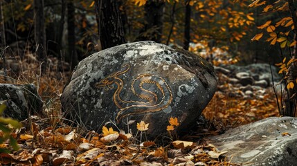 A rock in a woodland with fall season surroundings and a serpent engraving on it