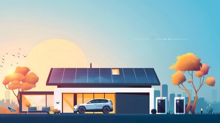 A house with a solar panel on the roof and a car parked in the driveway