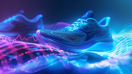 Close-up of a sneakered foot on a treadmill, with glowing digital elements suggesting fitness tracking, running, and technology integration in exercise