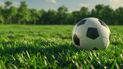 Fototapeta premium Traditional soccer ball on a field with green grass. World Cup, football match. Professional sports, hobbies, recreation. 3 d illustration for banner, poster, postcard design with copy space
