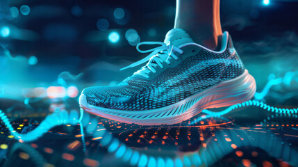 Close-up of a sneakered foot on a treadmill, with glowing digital elements suggesting fitness tracking, running, and technology integration in exercise