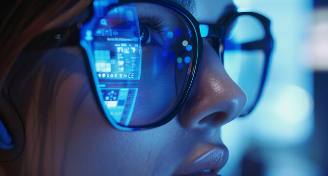 A young woman wearing glasses, with the reflection in her glasses showing that she is programming, highlighting her focus and tech-savvy nature.