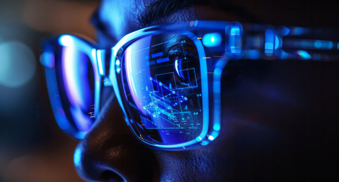 A young woman wearing glasses, with the reflection in her glasses showing that she is programming, highlighting her focus and tech-savvy nature.