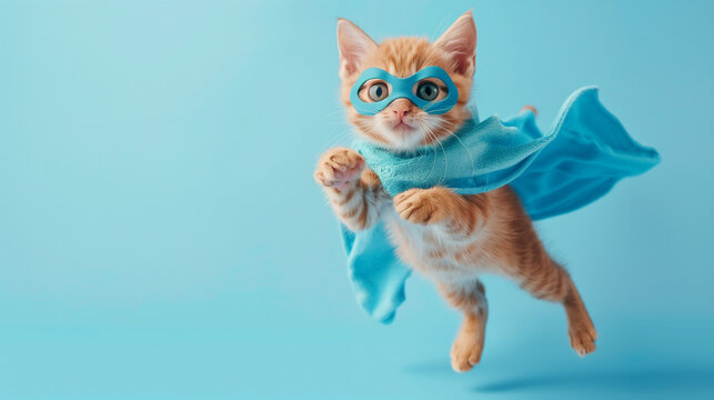 Adorable Superhero Cat: Cute Orange Tabby Kitty with Blue Cloak and Mask Flying on Light Blue Background with Copy Space