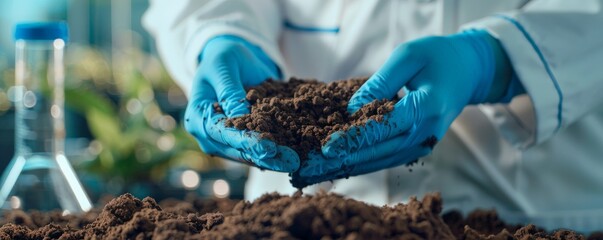 Close-up of gloved hands holding soil in a lab.