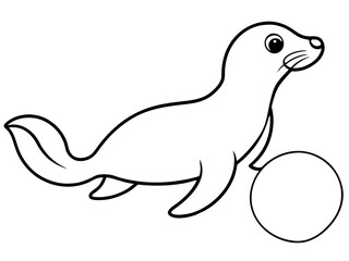 A playful seal balancing a ball in line art style
