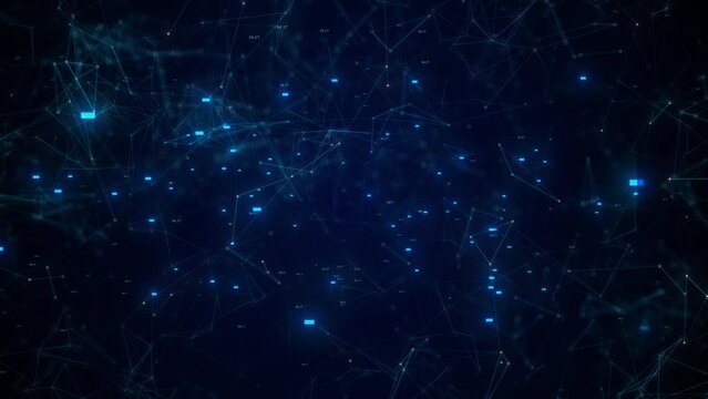 Camera Moving Forward To The Digital Cyber Space. Glowing Network Connection And Cyber Space Animation. Digital Technology Network Connection Background. Futuristic High Tech Data Network. Particle An