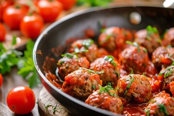 A plate of meatballs with sauce and tomatoes. The meatballs are in a pan and the sauce is on top of them
