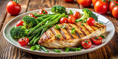 Grilled chicken served with steamed broccoli green beans and fresh tomatoes