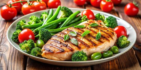 Grilled chicken served with steamed broccoli green beans and fresh tomatoes
