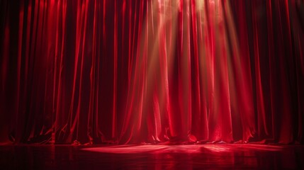 Red velvet curtains with a spotlight illuminating the stage.