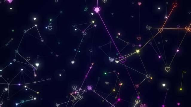 Abstract Romantic Heart Shape Connected With Network, Multi Color Heart Symbol Connect With Plexus Network And Camera Rotating Animation, Digital Heart Connect Animation. Abstract Heart Icon With Glob