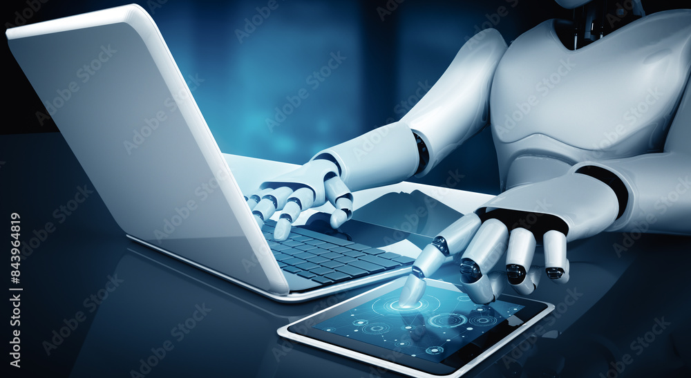Poster mlp 3d illustration robot humanoid use laptop and sit at table in future office while using ai think