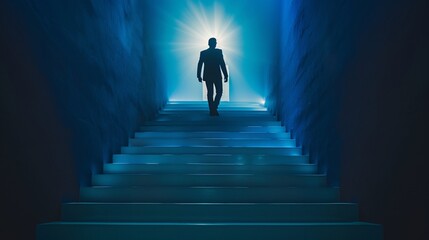 Inspiring photograph of a man climbing up white stairs towards a trophy, symbolizing success and accomplishment, against a dark background illuminated by dynamic lighting, shadow play, and rich