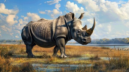 Fototapeta premium A rhinoceros commonly shortened to rhino is among five existing odd toed ungulate species within the Rhinocerotidae family along with several extinct species