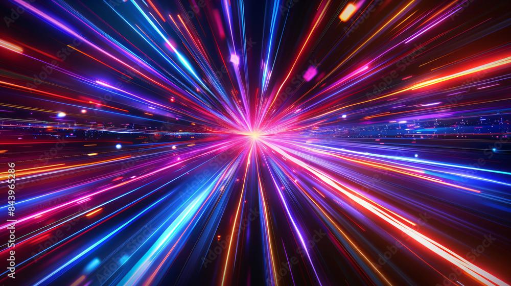 Poster digital artwork of a colorful light tunnel, simulating travel at warp speed in space