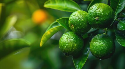 Close up view of green unripe mandarins on a tree branch
