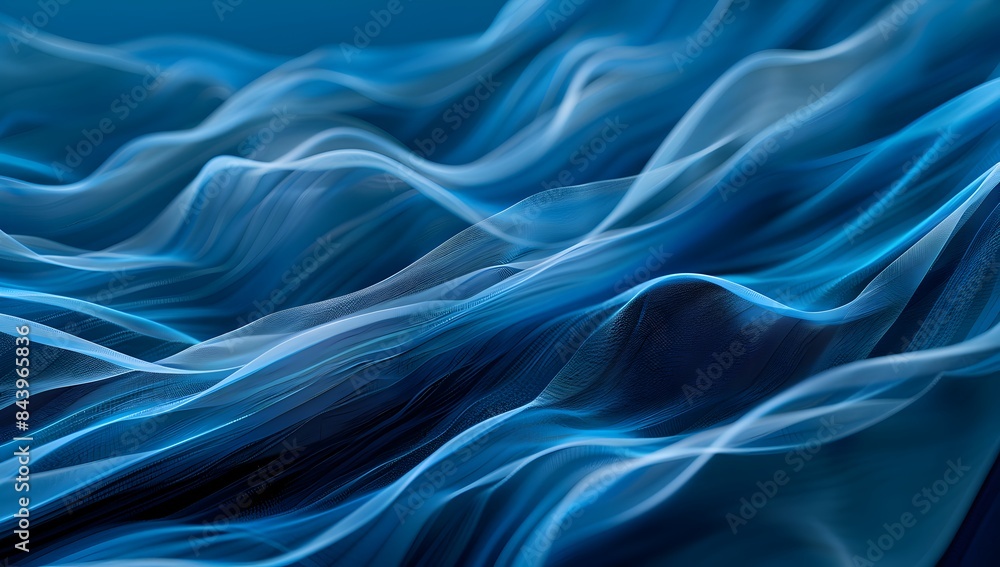 Poster abstract background with blue waves of digital lines and dots, soft light and glow effect on the sur