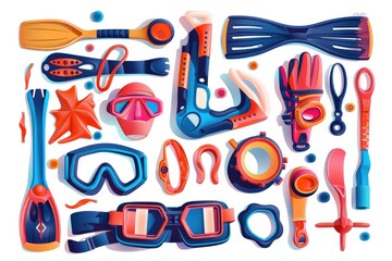 Scuba diving equipment. Set of items for diving. Vector illustration.