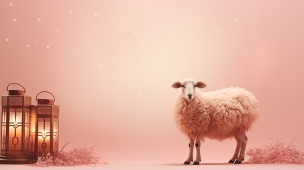 Eid al adha islamic decoration background with goat sheep arabic lantern crescent,copy space text area, on pastel pink background
