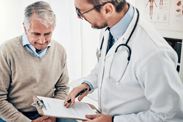 Consultation, man and doctor in office with clipboard, help and advice for health insurance....