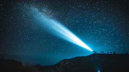 Lone person on a hill points a flashlight towards a starry night, creating a connection with the cosmos