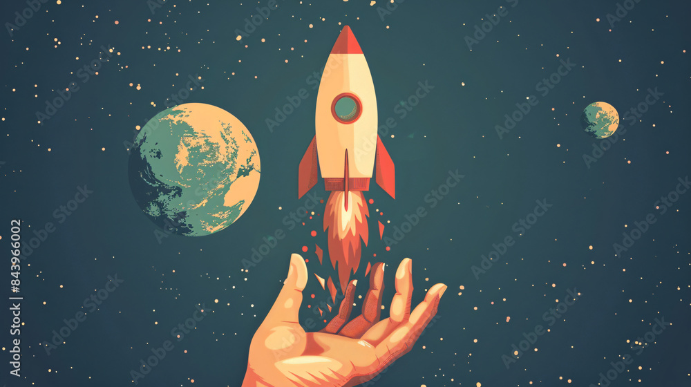 Poster Conceptual illustration of a hand releasing a rocket into space with planets in the background
