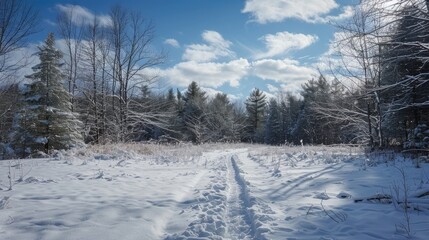 Obraz premium A trampled path leads from the snowy lawn to the dense forest on a beautiful winter day