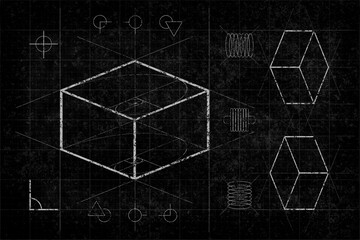 Random/abstract box blueprint. Pseudo magic box. Use as design element for websites, print and other graphics.