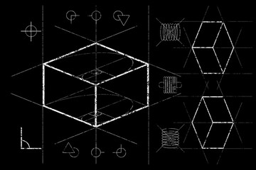 Random/abstract box blueprint. Pseudo magic box. Use as design element for websites, print and other graphics.