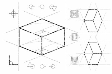 Random/abstract box blueprint. Pseudo magic box. Use as design element for websites, print and other graphics.