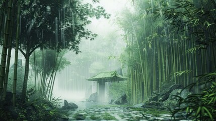 Serene Bamboo Forest Pathway - Tranquil bamboo forest scene with mist and a traditional gate,...