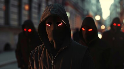 A group of ominous figures in hoods with glowing red eyes in an urban setting at twilight