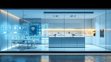 An interior shot of a modern kitchen showcasing a digital display with home automation system information