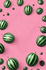 Juicy ripe flying watermelon, watermelon slices and green leaves isolated on soft pink background.