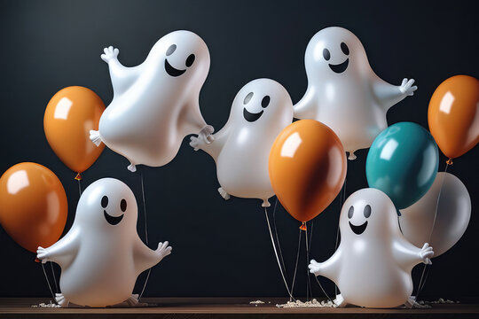 Happy Halloween holiday concept with friendly ghost balloons and colorful balloons against a dark Halloween background.