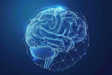 Futuristic mental health concept with gloving low polygonal human brain and protective shield isolated on bright blue background. contemporary wireframe design elegant design